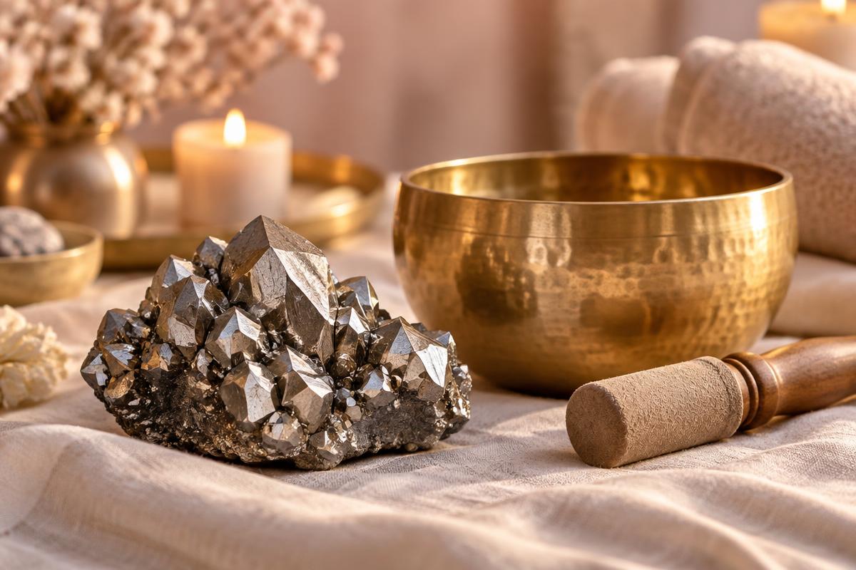 Silvery hematite crystals beside a golden singing bowl and wooden mallet
