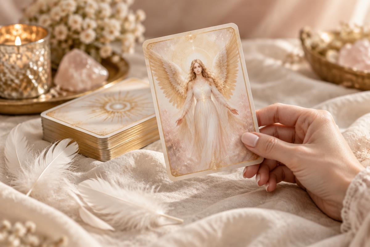 A gentle hand holding an angel oracle card beside soft white feathers